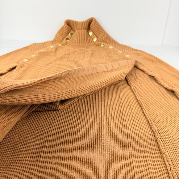 EUC G.I.L.I. Tan Mock Neck Knit Sweater Cape Poncho Gold Button Detail M/L - Picture 7 of 10